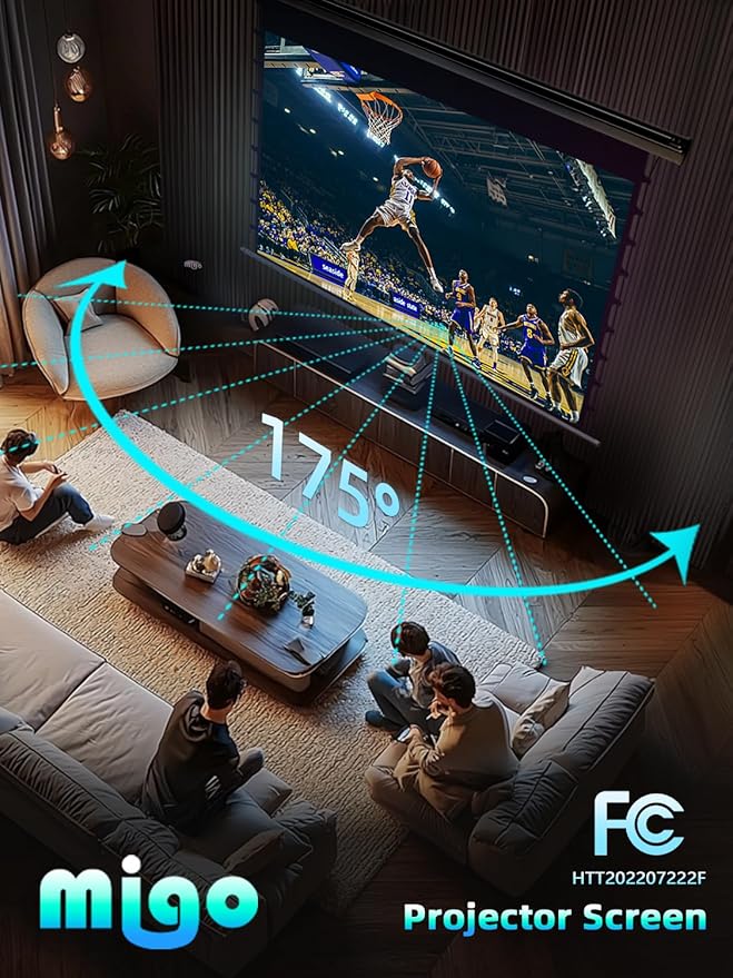 Migo 150 inch pull down projector screen, Grey Crystal Material 2.0 Gain 4K Ultra HD Projector Screen Ceiling Mount with remote for Ultra Short Throw Projector Movie Home Theater Cinema(Black Housing)