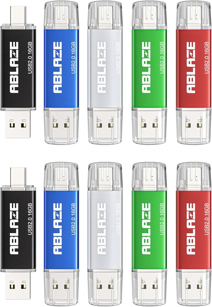 ABLAZE 16GB Type C Flash Drive 10 Pack, Dual USB 2.0+USB C Memory Stick Thumb Drive Compatible with iPhone 16/15, Android Smartphone, Computers, Tablets, Mac,iPad,PC