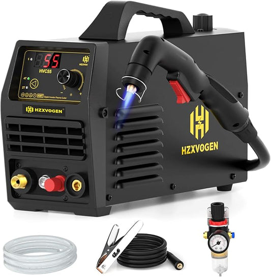 H HZXVOGEN Plasma Cutter 55A Non Touch Pilot Arc Plasma Cutters 110/220V Dual Voltage, Digital Display DC IGBT Inverter HF Air Plasma Cutting Machine, 1/2" Clean Cut 4/5" Max Cutting & 2T/4T(HVC55)