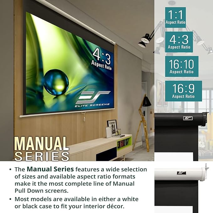 Elite Screens Manual Series, 120-INCH 4:3, Pull Down Manual Projector Screen with AUTO LOCK, Movie Home Theater 8K / 4K Ultra HD 3D Ready, 2-YEAR WARRANTY, M120XWV2