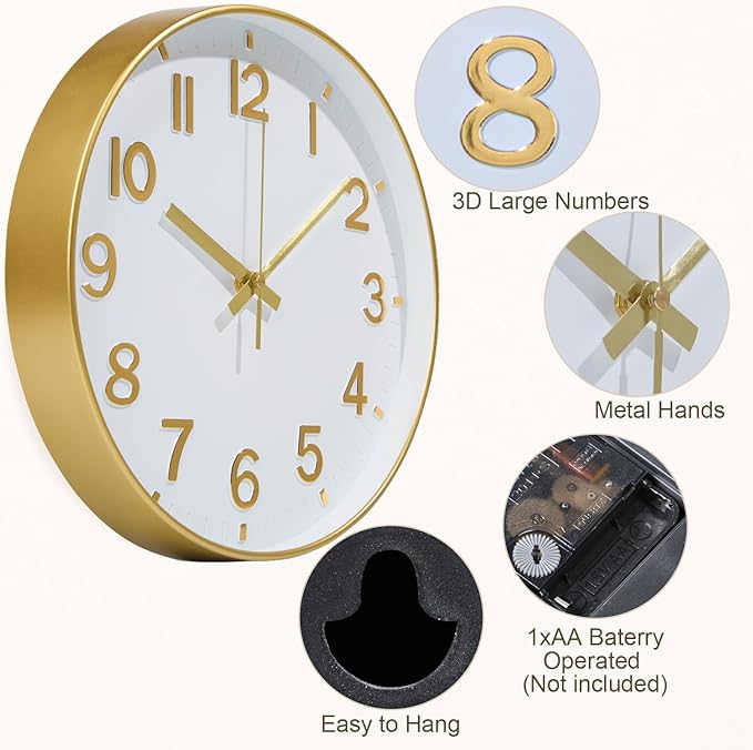 Modern Wall Clock, 10 Inch Digital Wall Clocks Battery Operated, Round Non Ticking Silent Analog Clock for Bedroom Living Room Kitchen Office Gym Classroom Decor, Gold Battery Clock