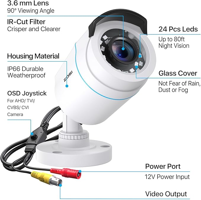 ZOSI 2MP 1080p HD Security Camera Outdoor Indoor 1920TVL (Hybrid 4-in-1 HD-CVI/TVI/AHD/960H Analog CVBS),24PCS LEDs,80ft Night Vision, 90°View Angle, Weatherproof Surveillance CCTV Bullet Camera