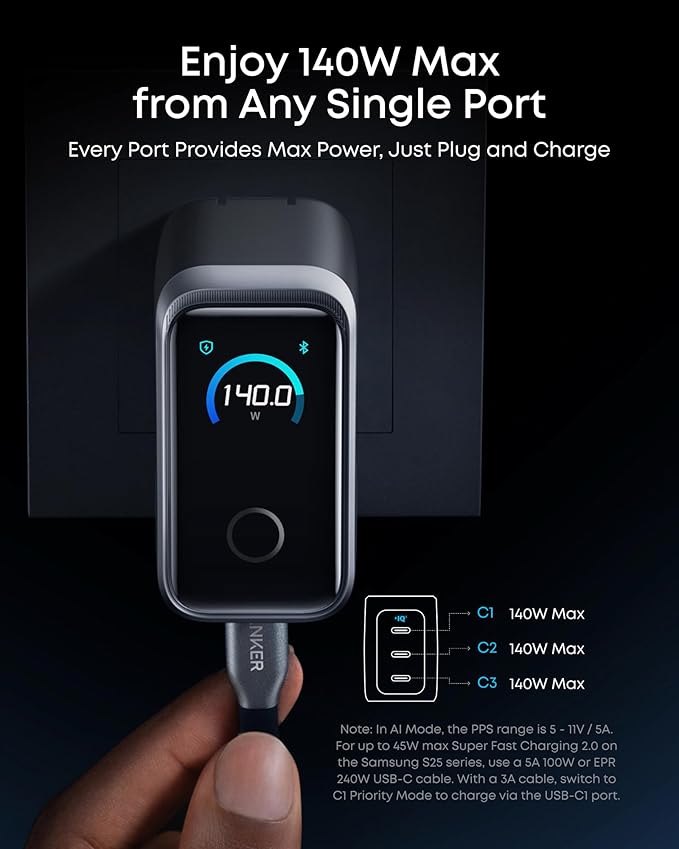 Anker Prime Charger, 160W 3-Port Compact USB C GaN Charger Block, Smart Display and Touch Control, 140W Max Charging via Any Single Port, for MacBook, Laptop, iPhone 17/16/15 Series, iPad(Non-Battery)