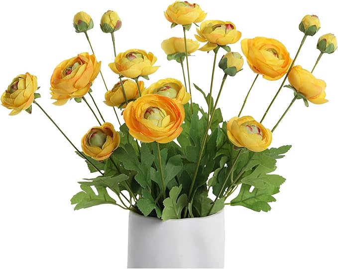 Artificial Silk Flowers Persian Buttercup Heavy Color Ranunculus Flower 5 Pcs,Suitable for core Decoration,Wedding Floral Creation,Flower Arrangement DIY Project,Interior Decor（Yellow）