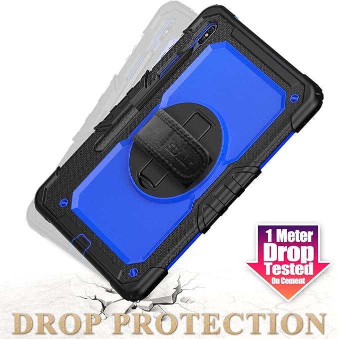SEYMAC stock Case for Samsung Galaxy Tab S7 FE / S8 Plus 5G Case 12.4'' with Screen Protector Pencil Holder [360 Rotating Hand Strap] &Stand, Drop-Proof, Blue/Black