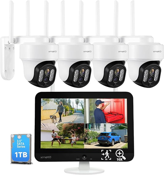 [WiFi 6 & 10X Zoom] XMARTO Wireless PTZ Security Camera System Outdoor with 10X Zoom and AI Auto Tracking, 2K HD Dual-Lens Cameras, 12" LCD Monitor NVR/DVR and 1TB HDD Included