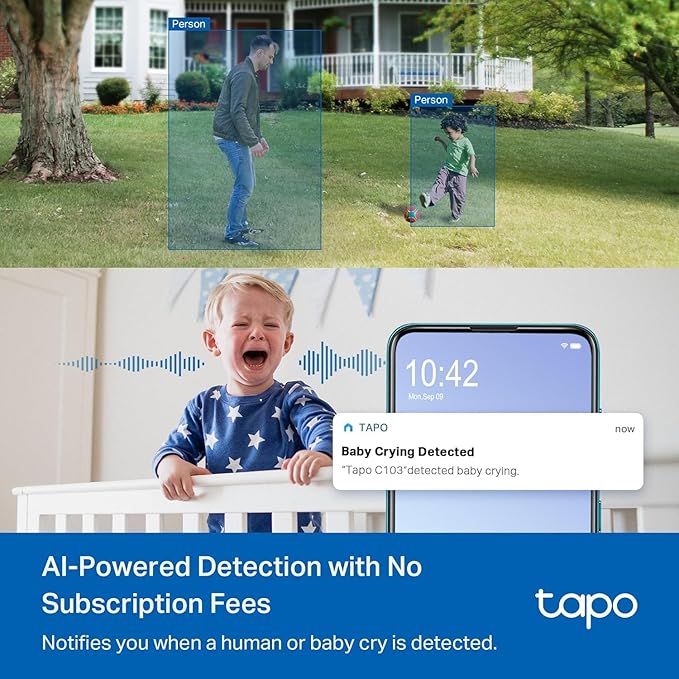 Tapo 2K 3MP Pan/Tilt Indoor/Outdoor Security Camera, Free Person/Baby Cry Detect & Motion Track, 360° View, Color Night Vision, SD/Cloud Storage, Works w/Alexa & Google Assistant, HybridCam 360