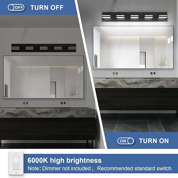 Modern LED Bathroom Lights Fixtures(5-Light),Metal Black Acrylic Wall Lighting,Vanity Lights for Bathroom Over Mirror(6000k 34in)
