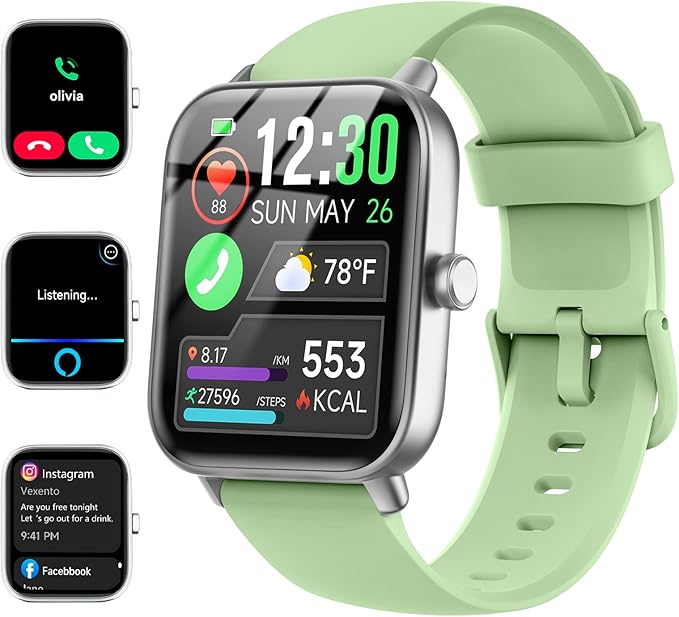 Smart Watches for Women/Men, Smart Watch for Android Phones and iPhone Compatible, Alexa Built-in, 1.8" Fitness Watches for Women, IP68 Waterproof /Bluetooth Call, Heart Rate/Sleep Monitor, Green