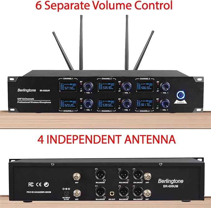 Berlingtone) 6-Channel UHF Wireless Microphone System Cordless Mic with Metal Handheld, Fixed Frequency Channel, Dynamic Microphone for Karaoke, Church, Singing, DJ, 262ft Range (BR-600UM)