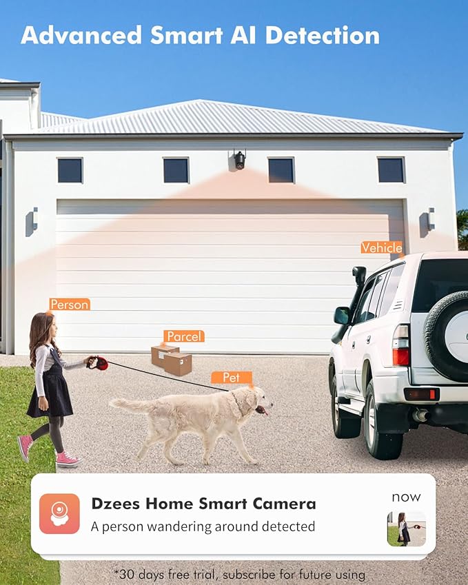 Dzees 360° PTZ WiFi Security Cameras Wireless Outdoor, 2K Battery Powered Home Security Camera Indoor, Spotlight & Siren, Color Night Vision, 2-Way Talk, AI Motion Detection, IP66, Cloud Stroage