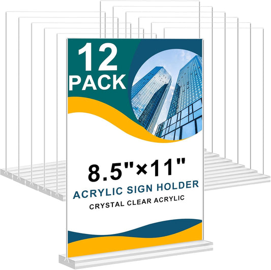 Arrobust Acrylic Sign Holder 8.5 x 11 Inches, 12 Pack Clear Display Table Top Signs Stand, Double Sided Vertical Flyer Holder ,Plastic Frames Paper Holder for Stores Home Office Menu Retail Show Fair