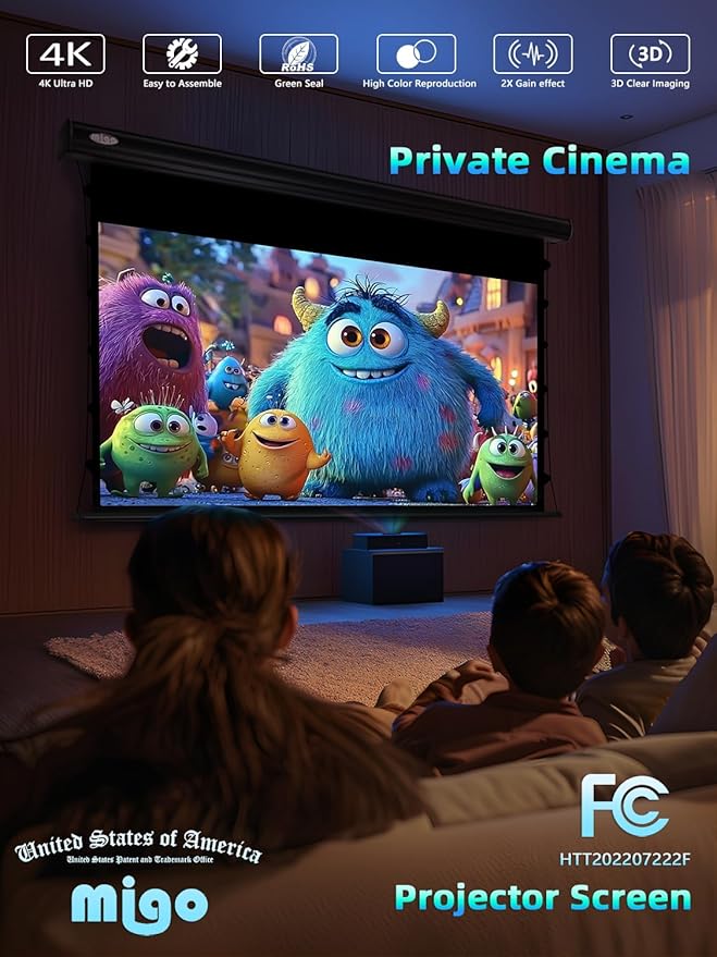 Migo 150 inch pull down projector screen, Grey Crystal Material 2.0 Gain 4K Ultra HD Projector Screen Ceiling Mount with remote for Ultra Short Throw Projector Movie Home Theater Cinema(Black Housing)
