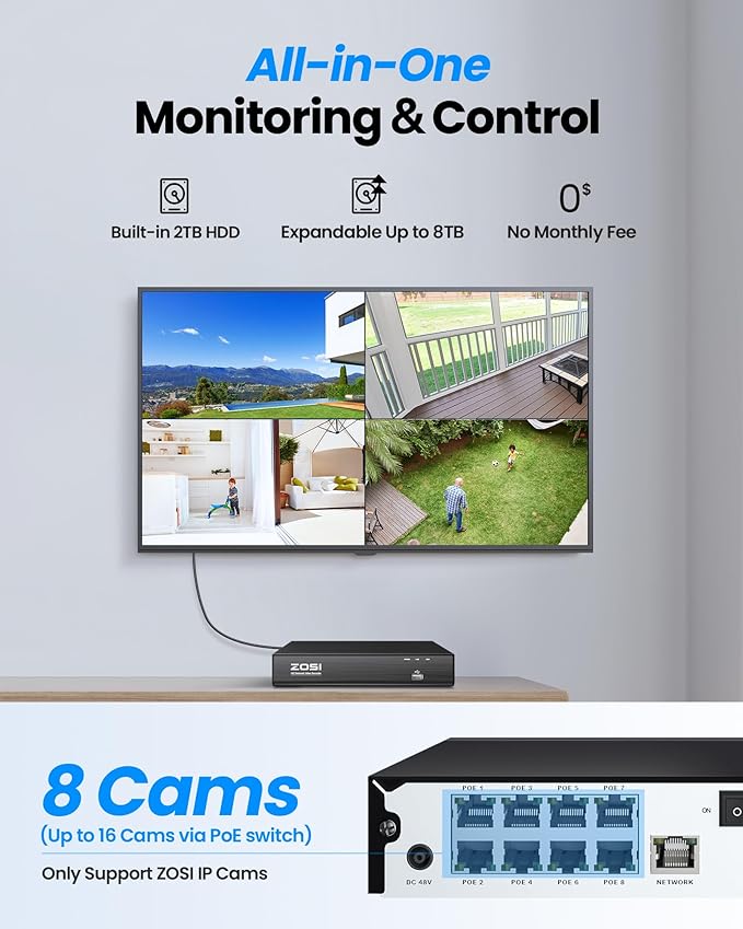 ZOSI C290 4K 8CH POE Security Camera System (Up to16CH), 4 x 8MP Wired PoE IP Dome Cameras Outdoor Indoor, 360 View, AI Human/Vehicle/Face Detection, Two-Way Talk, Siren Alarm, Auto Tracking, 2TB HDD