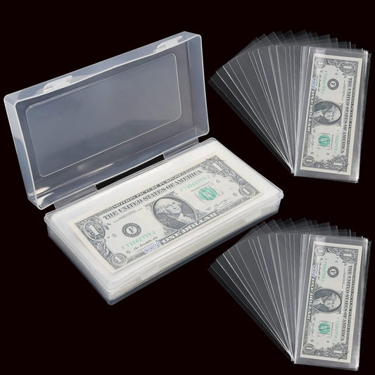 200 Pieces Currency Sleeves, Dollar Bill Holder with Storage Case for Collectors, Plastic Paper Money Holders Money Sleeves Protector for Bills, Album Banknotes Stamp Paper Protector Slab Holder
