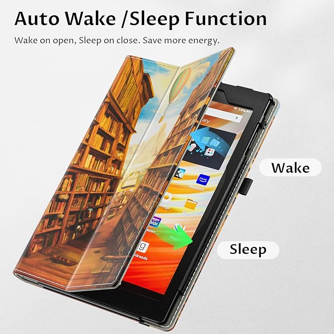 VORI Case for All-New Amazon Kindle Fire HD 10 Tablet (13th/11th Generation 2023/2021 Release) and Fire HD 10 Plus - Slim Folding Stand Folio Cover with Auto Wake/Sleep & Hand Strap, Library