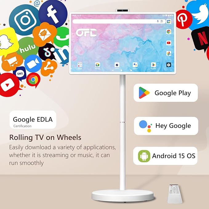 OFD 32 Inch Portable TV on Wheels FHD 1080P,Android15 OS|6GB RAM+128GB Storage|EDLA-Certified,Rolling TV Touchscreen Monitor,Built-in 9600mAh Battery|2K Webcam|Remote Control|Speaker,Fully Rotatable