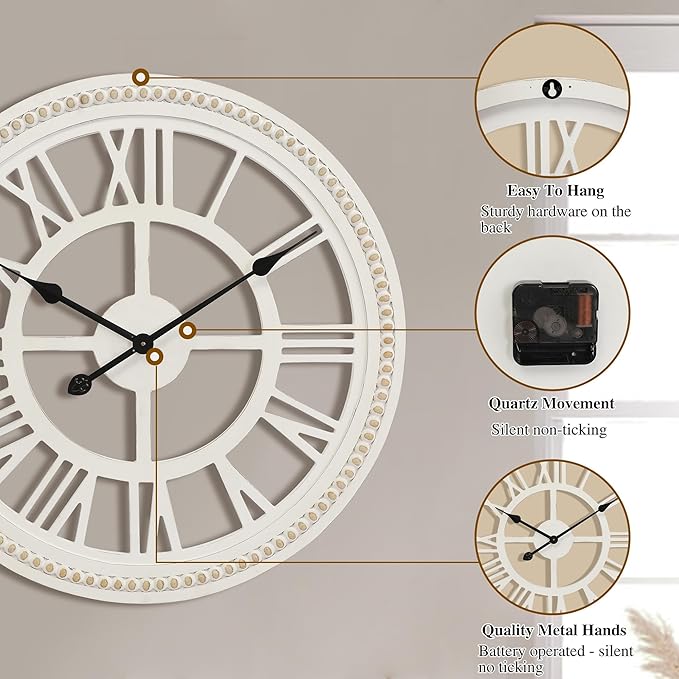 RiteSune 24 Inch Large Farmhouse Wall Clock, Rustic Wall Clock Decor, Wooden, Non-Ticking, Easy to Hang for Living Room, Bedroom, Kitchen