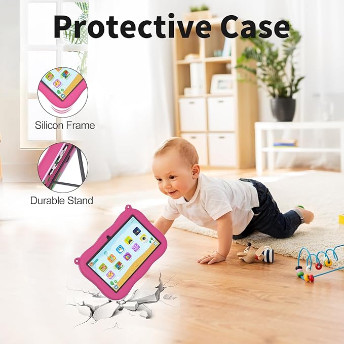 VASOUN 7 inch Kids Tablet with Strap, Android 13 with 32GB Toddler Tablet,WiFi, Dual Camera,Time Limits, Age Filters,Parental Controls,Kids Software Pre-Installed with Silicone Case (Pink)