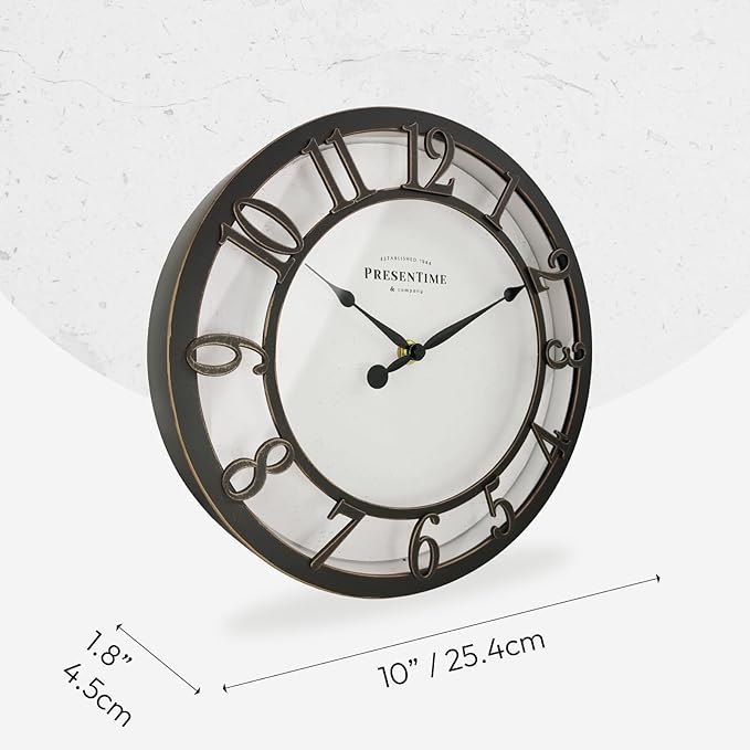 Presentime & Co 10" Farmhouse Series Wall Clock, Vintage Style, Retro Clock, Silent no Ticking, Oil Rubbed Bronze Finish