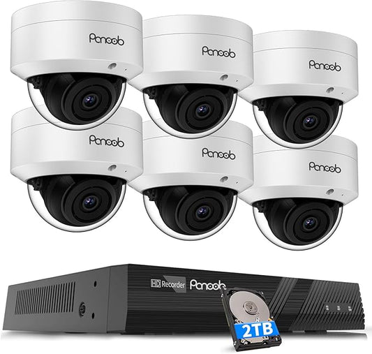 PoE Security Camera System, 6X Wired 5MP IK10 Vandal-Proof PoE Dome Cameras Outdoor with Person Detection, 100ft IR Night Vision, Remote Access, 4K 8 Channel NVR 2TB HDD, PD54A0608-5M2