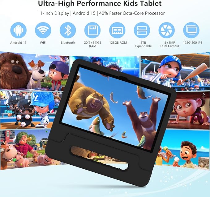Kids Tablet, 11 inch Android 15 Tablet for Kids, 20GB RAM 128GB ROM Octa-Core 8000mAh Battery Childs Tablets with Shockproof Case, Bluetooth, WiFi, Parental Control, Dual Camera, GPS