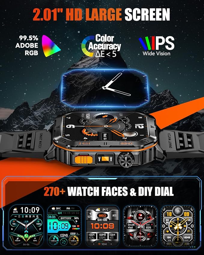 Military Smart Watch for Men, 2.01'' Fitness Tracker with 1200mAh Long Battery Life, Bluetooth Calls, Flashlight, IP68 Waterproof, Heart Rate/Sleep Tracking, 100+ Sports Modes for Android iPhone