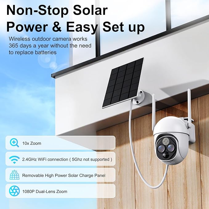 Dual-Lens Solar Security Cameras Wireless Outdoor, 360° View 10X Zoom WiFi Cameras for Home Security with PIR Detection, 2-Way Audio, IP65 Waterproof Spotlight Siren Alarm, SD/Cloud Storage