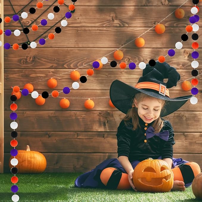 Jishi Fall Event Garlands, 3pk Orange Black White Felt Pom Pom Garland, 6.6ft Long, 25mm 24 Balls, Halloween Thanksgiving Party Decor