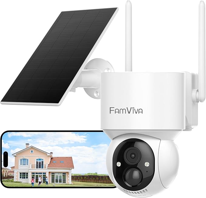2K Solar Security Cameras Wireless Outdoor, 360°PTZ Battery Powered Cameras for Home Security, 2.4G WiFi Outdoor Camera with Color Night Vision, IP66 Waterproof, Motion Sensor Alarm, White