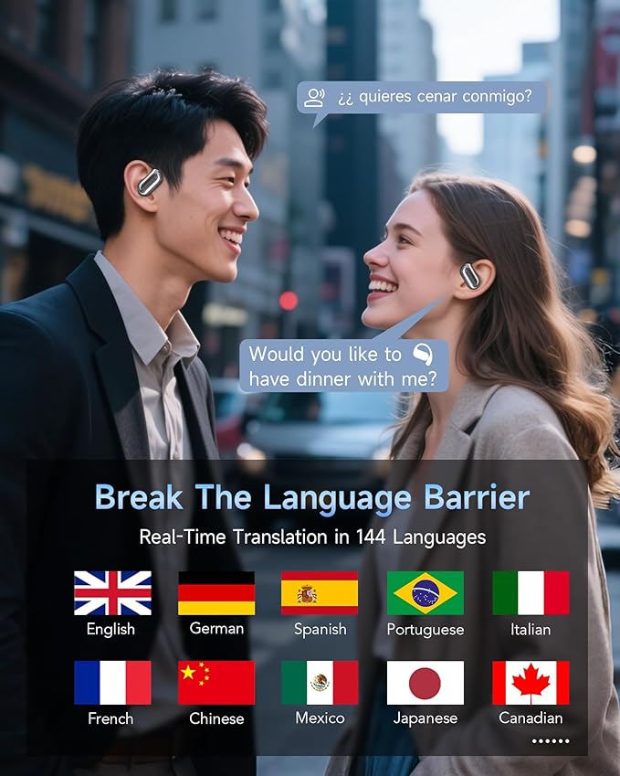 AI Translation Earbuds Real Time, 3-in-1 Translator Earbuds, 80H Playtime Translating Device, 144 Language Translator Earbuds for iPhone and Android, for Travel/Business/Meeting/Learning