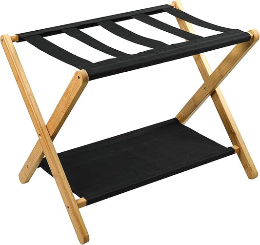 VASMIA Luggage Rack, Folding Suitcase Stand with Storage Shelf,Bamboo Luggage Stand for Guest Room,Bedroon and Hotel,Holds up to 131 lb,Fit Most Luggage Size,Natural