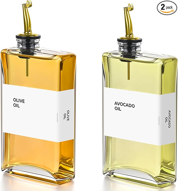 Olive Oil Dispenser Bottle - Includes 44 Kitchen Essential Labels - Cooking Oil Bottles for Kitchen, Coffee Syrup Dispenser - Pourer Spout with 11.8 fl oz Glass Container Cruet - 2pcs, Gold