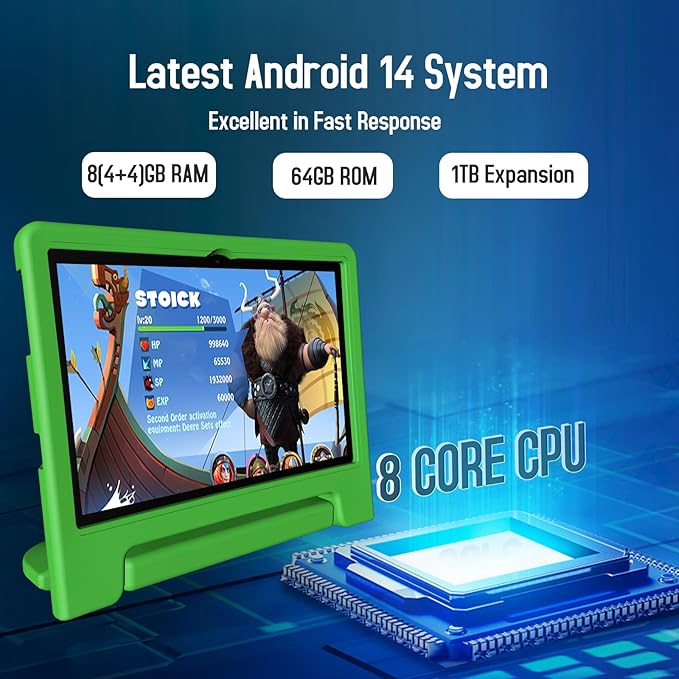 Kids Tablet, 10 inch Android 14 Tablet for Kids, 8GB RAM 64GB ROM Octa-Core Fast-Charging Battery Toddler Tablets with Shockproof Case, Bluetooth, WiFi, Parental Control, Dual Camera, GPS