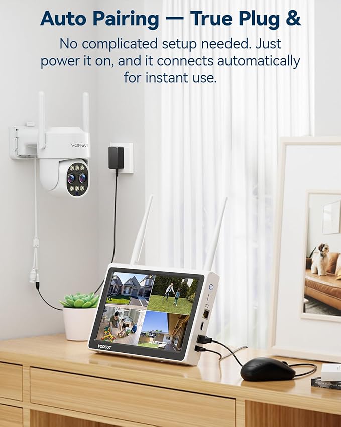 Security Camera Wireless Outdoor System with Monitor, 4pcs Dual Lens 10X Optical Zoom PTZ Cameras for Home Surveillance, Color Night Vision, Auto Tracking, Human Detection, 10CH NVR, 500GB HDD