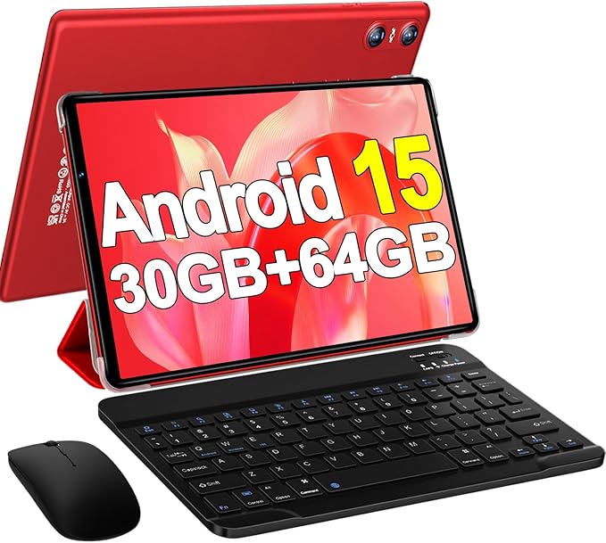 2025 Android 15 Tablet with Keyboard, 10.1 Inch Tablets FHD Display 30GB RAM 64GB ROM 1TB Expand, Octa-Core 2.0GHz, Widevine L1, 6000mAh Battery, 5G WiFi & GPS, Gemini AI, 2-in-1 Tableta PC - Red