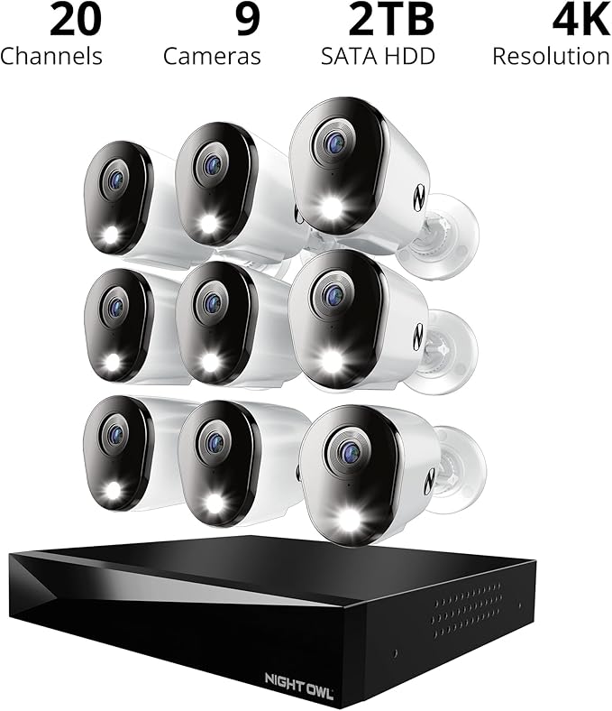 Night Owl 2-Way Audio 20 Channel DVR Video Home Security Camera System with (9) Wired 4K HD Indoor/Outdoor Deterrence Cameras and 2TB Hard Drive (Add up to 4 Wi-Fi Cameras) (9 Camera)
