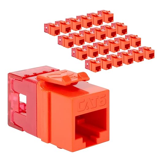 ICC CAT6 Keystone Jack with Slim Profile 180 Degree Punch Down, RJ45 UL Listed PoE++ TAA Compliant for Wall Plate or Patch Panel, Works with JackEasy Termination Tool, Orange 25 Pack