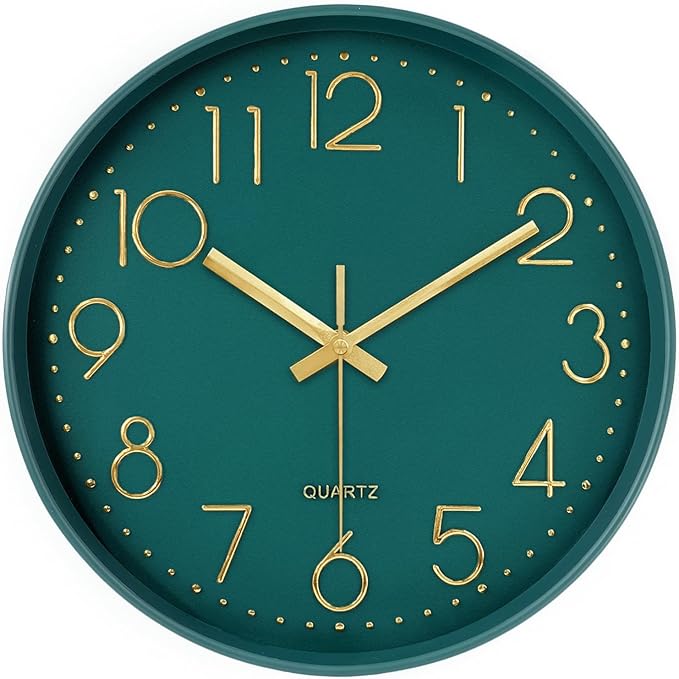 Silent Wall Clocks Battery Operated 8 Inch, Analog Wall Clock with Large Number Tempered Glass Clock Face, Dark Green Quartz Non Ticking Wall Clocks for Living Room Bedroom Kitchen Office