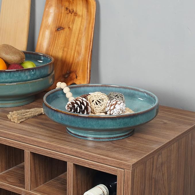 Ceramic Fruit Bowl for Kitchen Counter,Decorative Pedestal Bowl for Table Countertop,Large Footed Serving Bowl,10.2 Inch (Blue)