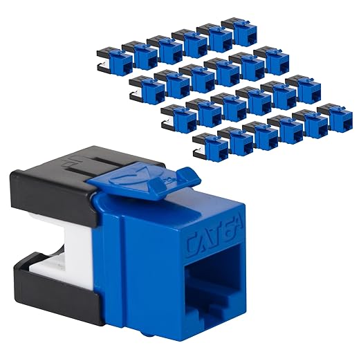ICC CAT6A Keystone Jack with Slim Profile 180 Degree Punch Down, 10Gbps RJ45 UL Listed PoE++ TAA Compliant for Wall Plate or Patch Panel, Works with JackEasy Termination Tool, Blue 25 Pack
