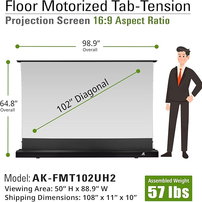 Akia Screens 102 inch Motorized Floor Rising Projector Screen, Pull Up Tab-Tension CineWhite 4K 8K HDR Home Theater Movie Screen for UST Short Throw, Remote Control, AK-FMT102UH2-X