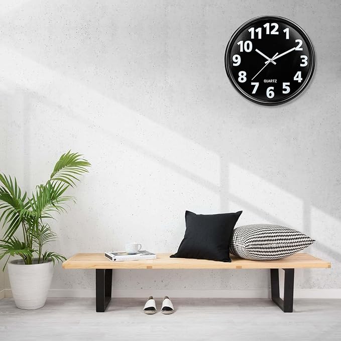 Plumeet 12'' Wall Clock, Battery Operated Wall Clocks Silent Non-Ticking Quartz, Modern Style Suitable for Bedroom Living Room Office Decor - 3D Numbers Display Easy to Read, Black