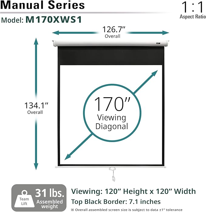 Elite Screens Manual Series, 100-INCH 16:9, Pull Down Manual Projector Screen with AUTO Lock, Movie Home Theater 8K / 4K Ultra HD 3D Ready, 2-Year Warranty (170" / 1:1)