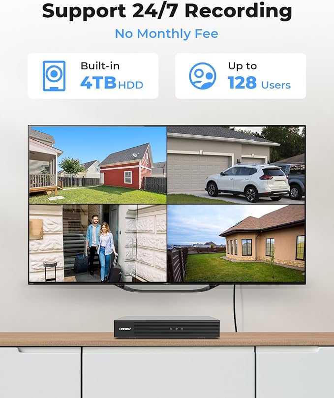 H.VIEW 8 Channels 4K Home Security Camera System, 4TB HDD Preinstalled, 8 PCS Outdoor 8MP POE Security Camera, Trigger Color Night Vision, Two-Way Audio, Human Body Detection, Smart Dual Illumination