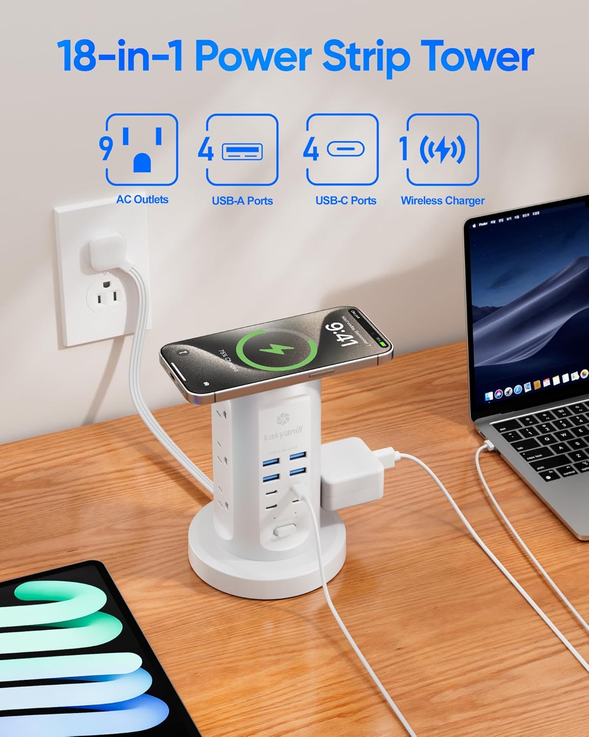 Power Strip Tower, kakyanill Surge Protector Tower 9 AC Outlets 8 USB (4 USB C), 6 Ft Retractable Extension Cord, Charging Station for Office Dorm Room, White