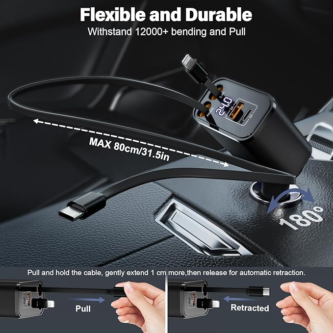 Retractable Car Charger USB C 4 in 1 87W Cigarette Lighter Car Phone Charger Adapter for iPhone 17 with Voltage Display Fast Charge for iPhone,Android,Samsung,etc