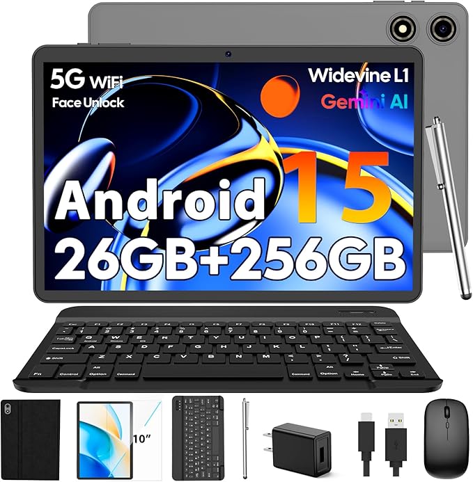 10 Inch Android 15 Tablet with Keyboard, 26GB RAM+256GB ROM(2TB Expand), 2-in-1 Tablet with 8000mAh Battery, 2.4G/5G WiFi, Widevine L1, Dual Camera, Split Screen, Mouse, Stylus, Case(Black Case)