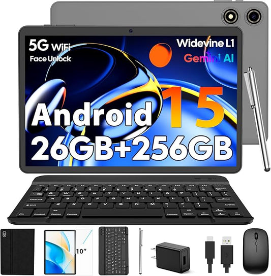 10 Inch Android 15 Tablet with Keyboard, 26GB RAM+256GB ROM(2TB Expand), 2-in-1 Tablet with 8000mAh Battery, 2.4G/5G WiFi, Widevine L1, Dual Camera, Split Screen, Mouse, Stylus, Case(Black Case)