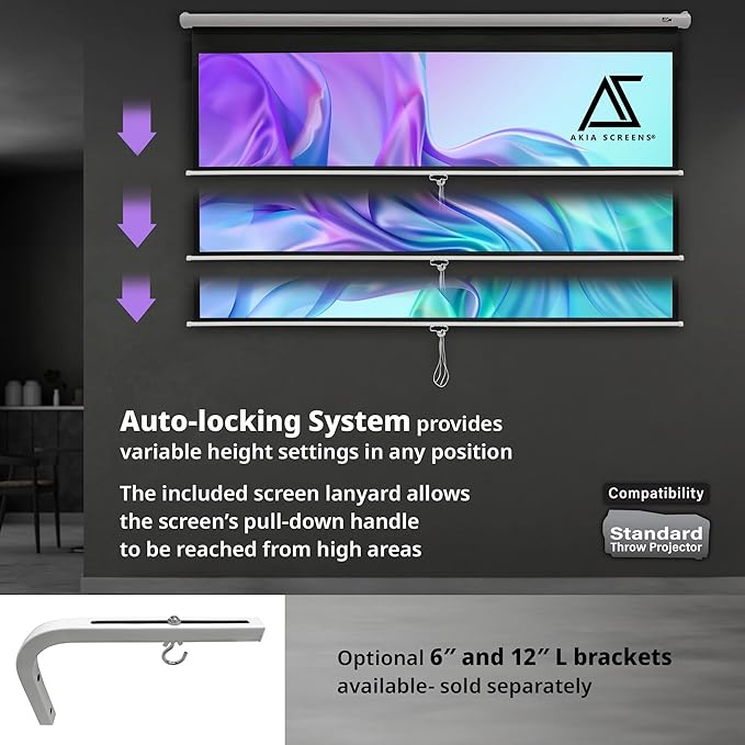 Akia Screens 100 inch Projector Screen Pull Down Manual B 16:9 8K 4K HD 3D Ceiling Wall Mount White Portable Projection Screen Retractable Auto Locking for Indoor Movie Home Theater Office AK-M100H1